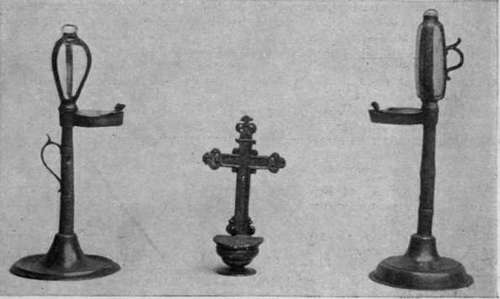 Two German lamps and a Flemish benitier, or holy water stoup, in old pewter