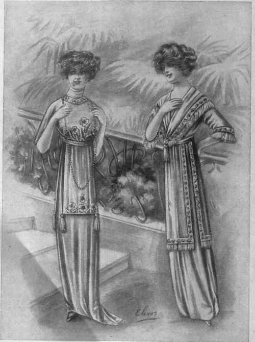 Two charming suggestions for apron tunics which will be found useful for re modelling evening dresses. In their construction and lengths of fur or material may be used with advantage