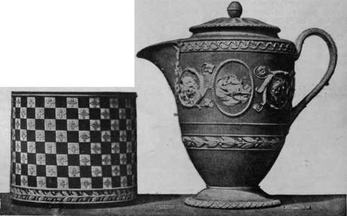 Wedgwood jasper ware, A circular pedestal, with a chequered pattern in olive and lilac, and a cortee pot with white figures and ornaments in relief on a lilac ground from the South Kensington Museum