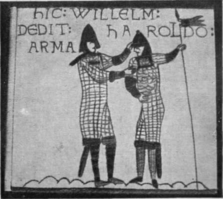 William giving Harold his arms, as depicted in the Bayeux Tapestry. Such a group forms a panel of needlework that can be used as a cover for a footstool cushion, or blotter