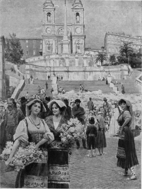 A characteristic Easter scene in Rome, the flower market in the Piazza di Spagna, at the foot of the steps leading to the church of