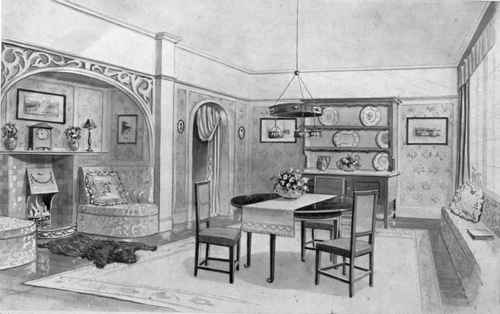 A charming dining room  furnished with a sense of proportion and simplicity which creates an impression of restfulness and comfort as well as of good taste and beauty. The door has been taken down and replaced by a wooden arch and draped curtian. See page 4307 beauty. The door has open taken