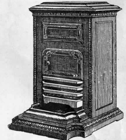 A coal burning stove, in which the products of combustion are deflected into a flue below the floor, thus dispensing with an unsightly pipe
