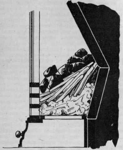 A fire laid as illustrated will light easily and quickly. The paper at the bottom is in loosely crumpled balls. There is free air space for ignition and the stick arrangement keeps the coal in place