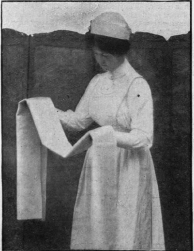 A sheet folded in this way and fastened to the bedposts makes a support for a convalescent patient when first sitting up