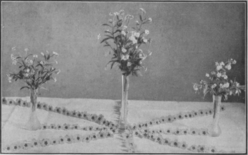 A wild flower scheme for spring table decoration in forget me nots and primroses. Plain crystal vases only should be used, the centre vase being taller than the two flanking it