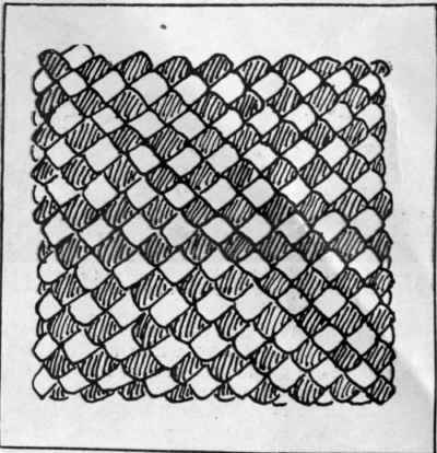 Diagram 2. Surface stitches. A solid filling, worked by carrying lines of silk diagonally over a square, then interlacing them with silk of a contrasting colour