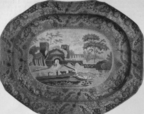 Dish of view ware in light blue, with a lace border, marked Spode. This famous potter used designs of both English and foreign scenes