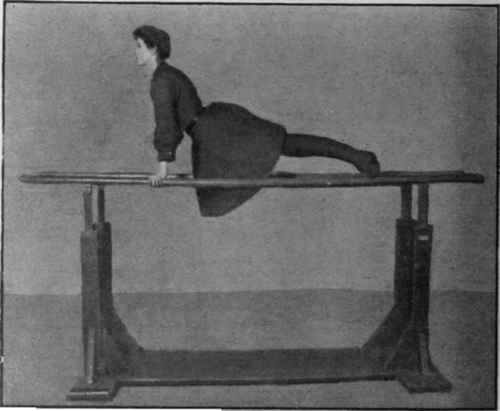 Fig. 4. On the parallel bars. After a few preliminary swings, the feet are swung up behind and come to