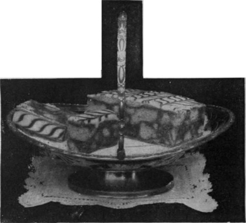Marbled Cake. The marbled appearance of the icing is obtained by using chocolate icing and tracing it over the white icing