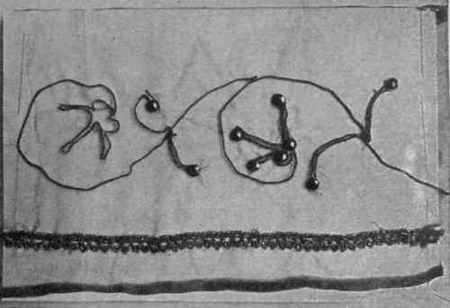 On chiffon the outline may be carried out in thick ropy silk, tiny jet studs being placed in the flower form. A jet beading gives necessary weight to the chiffon