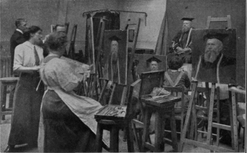 Students of the life class making a portrait study. This class is most popular, and a high standard of work is achieved by its members