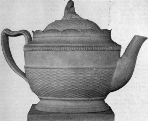 Teapot and cover of Elijah Mayer's cane coloured stoneware, moulded in low relief; the cover is surmounted by a figure of the widow of Zarephath From the South Kensington Museum pupil, and Miss Meteyard, in her  Life of Josiah Wedgwood,  makes reference to this fact
