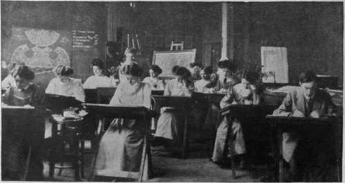 The Designing Room of the Dublin Metropolitan School of Art. An interesting feature of the women students' work is found in the classes for the study of lace manufacture and design. Originality is a distinctive note of the work in this subject