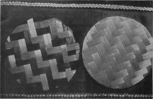The front and back of the mat are here shown, together with the plait for the edging. The back of the mat is formed of a circle plaited in natural straw and pasted on to the front, which is of mingled colours