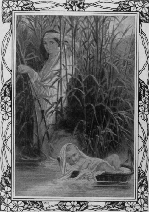 The infant Moses, adrift on the Nile, watched by his sister, Miriam. Later, this devoted sister accompanied the great law giver on his perilous wanderings with the people of Israel