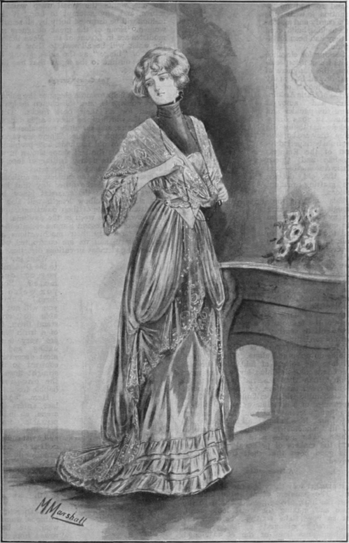 The pannier costume as designed in the spring of 1912. Elbow sleeves and pointed Court corsage are distinctive features