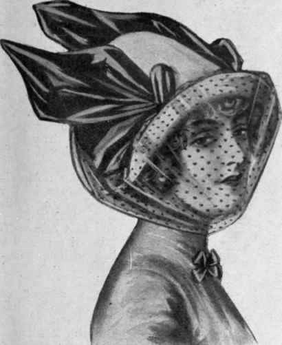 When worn as here shown a running is put in the top of the veil to keep it in position. It is then caught up loosely at the back