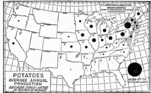 Graphic map showing production of potatoes in the United States