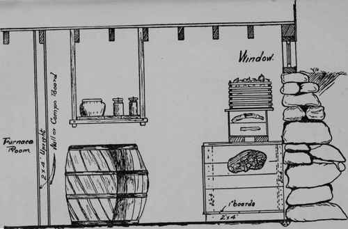 Fig. 23 - Part of the cellar may be partitioned off for a storage room, by leaving a dead air space between the walls. If shelves and  containers are arranged to make the best use of the space available, a small room will accommodate enough fruits and vegetables for several months' supply.
