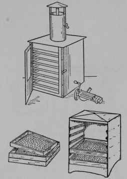 Fig. 48 - Two small driers for use on top of stove; the type with the chimney, and a door to protect contents of trays from dust and ashes is the better.