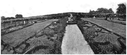 An Italian garden at Brookline. Note the trellises covering the paths.