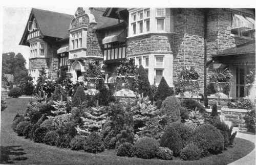 AN INCORRECT BASE PLANTING Fig. 83.     popular practice today is the use of a miscellaneous assortment of evergreens in beds close to the house.  See page 85.