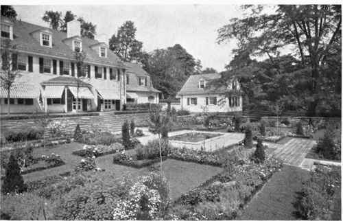 Fig. 114.   Garden on level below the house terrace.   See page 126. Fig. 114A   (Pages 128, 129) shows planting plan of this garden.