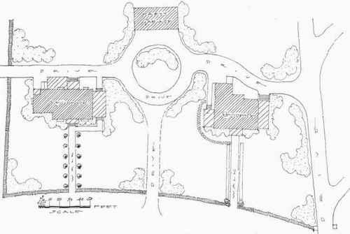 Fig. 30.   On adjoining properties it is often possible to arrange for a party drive and turn. In this instance it not only conserves the space but gives access to both properties from two side streets.   See page 38.