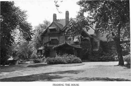 Fig. 77.   In addition to a suitable background, it is essential that the residence be properly framed by plantations at both ends. It is not always advisable to plant the trees directly at the ends of the building. Usually a point forward of the front line gives a better effect. The base plantings of broad leaved evergreens are effective at all times of the year.   See pages 80 and 85.
