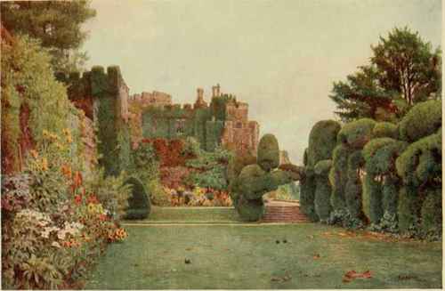 Herbaceous Flowers and Clipped Yews round the Bowling Green at Berkeley Castle, Glos.