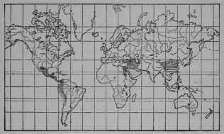 Fig. 121. Map showing, by shaded areas, the three primitive centers of agriculture.