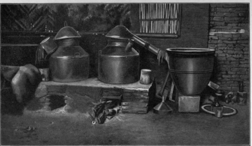 Fig. 37. Distillation of cananga flowers in Java.