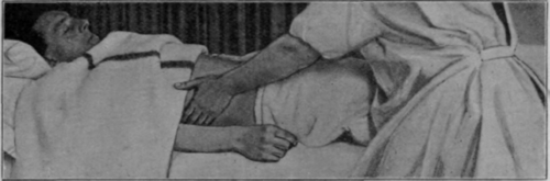 Fig. 127.   Stroking the abdomen with both hands. The beginning of the stroke