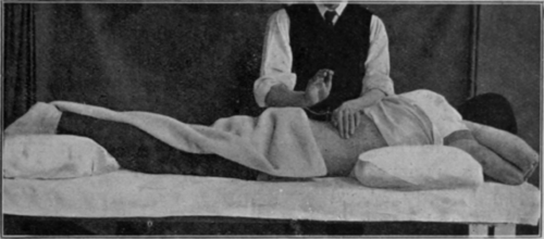 Fig. 14.   Clapping. Note the wrist action and the manner in which the pillows are arranged for the comfort of the patient