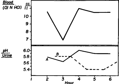 Comparison of the curves representing hourly blood titratable alkalinity