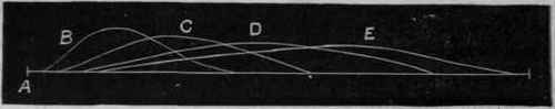 Fig. 59.   Diagram to show the difference between the length of the latent period and form of the curve in contraction induced, B, by direct irritation of the motor nerve; c, by simple reflex from irritation of the cord on the same side; and D, by cross reflex from irritation of the cord on the opposite side to that from which the motor nerve proceeds, as shown in Fig.