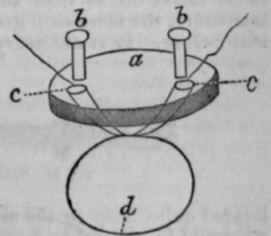 Fig. 21.   a, vulcanite disk; ft, brass studs; c, holes pierced obliquely in direction of dotted lines; d, wire looped as in