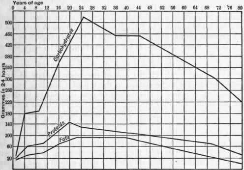 Approximate quantity, in grammes, of different classes of foods consumed in twenty four hours, computed according to age. 