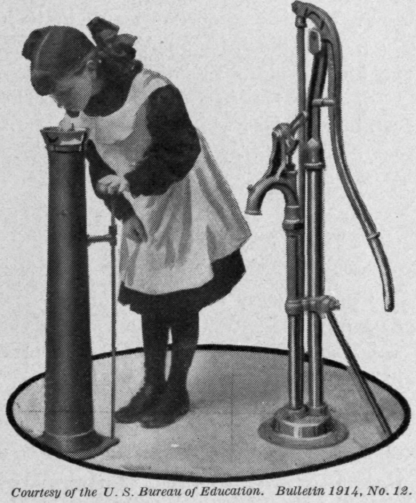 Fig. 12.   At the Pleasant Valley School a drinking fountain is attached to the pump. The water is bubbling up and the girl is drinking without a cup.