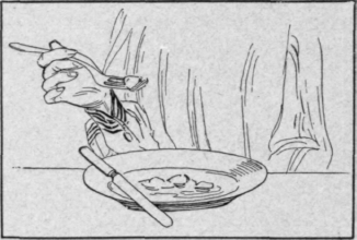 Fig. 40.   The fork is in the right hand ready to carry food to the mouth.