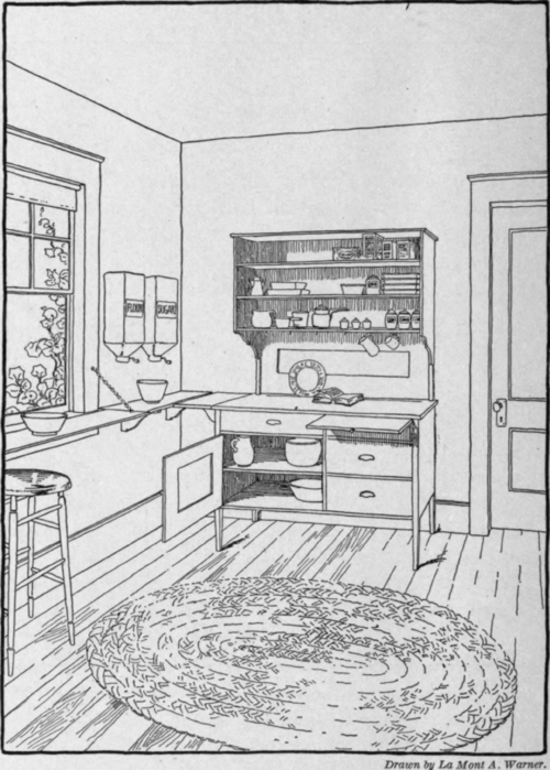Fig. 83.   Another corner of Mrs. Allen's kitchen. Mrs. Allen made a braided mat in the winter days.