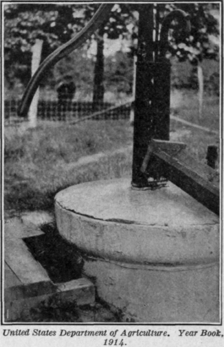 Fig. 9.   A cement or stone cover, with a trough beneath the spout of the pump, is a necessary protection for a dug well.