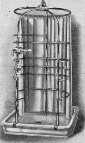 Fig. 14. Shower Bath with Curtain, Piping, and Temperature Regulating Valve Attached to Porcelain Receptor