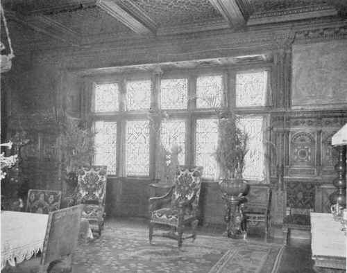 DINING ROOM IN NEW YORK HOUSE SHOWING LEADED GLASS WINDOWS