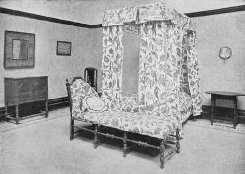 LATE SEVENTEENTH CENTURY BEDROOM WITH EMBROIDERED DRAPERIES OF THE PERIOD.