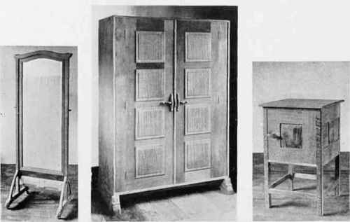 MIRROR, HANGING CUPBOARD, AND BEDSIDE TABLE IN ENGLISH OAK.
