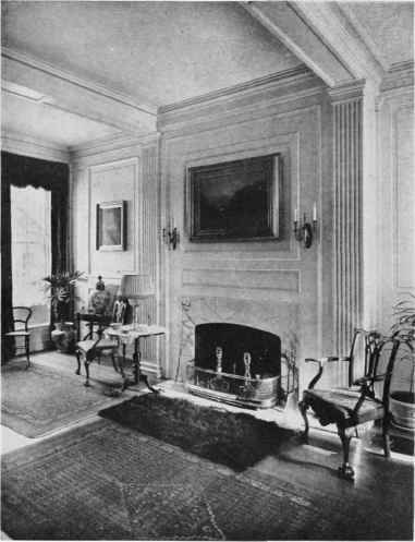 PANELLED WALLS WITH CHIPPENDALE CHAIRS AND TABLE AND SHERATON CONSOLE TABLE.