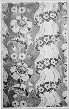 Quiet rose pink with flowers and waved band in cream, buff and brown.