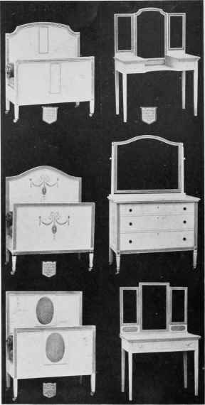 REPRESENTATIVE PIECES FROM 3 BEDROOM SUITES OF MAPLE FINISHED IN OLD IVORY ENAMEL.